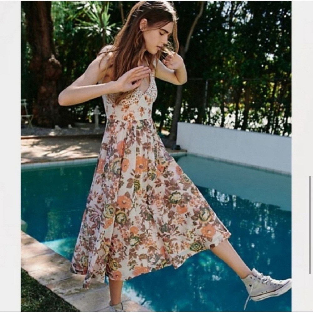 Free People Floral Midi Dress - Cream and Orange